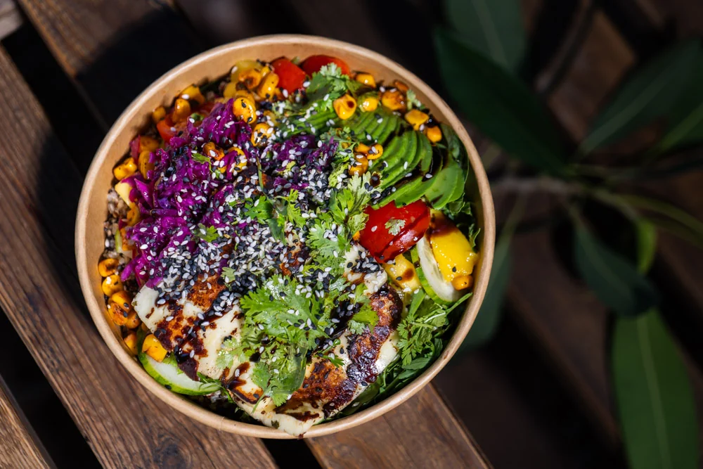 A plant-based Streatery bowl with grains and vegetables