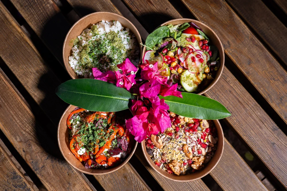 Four different Streatery bowls seen from above