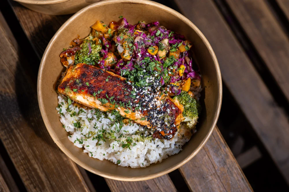 A warm rice and protein bowl, naturally gluten-free friendly