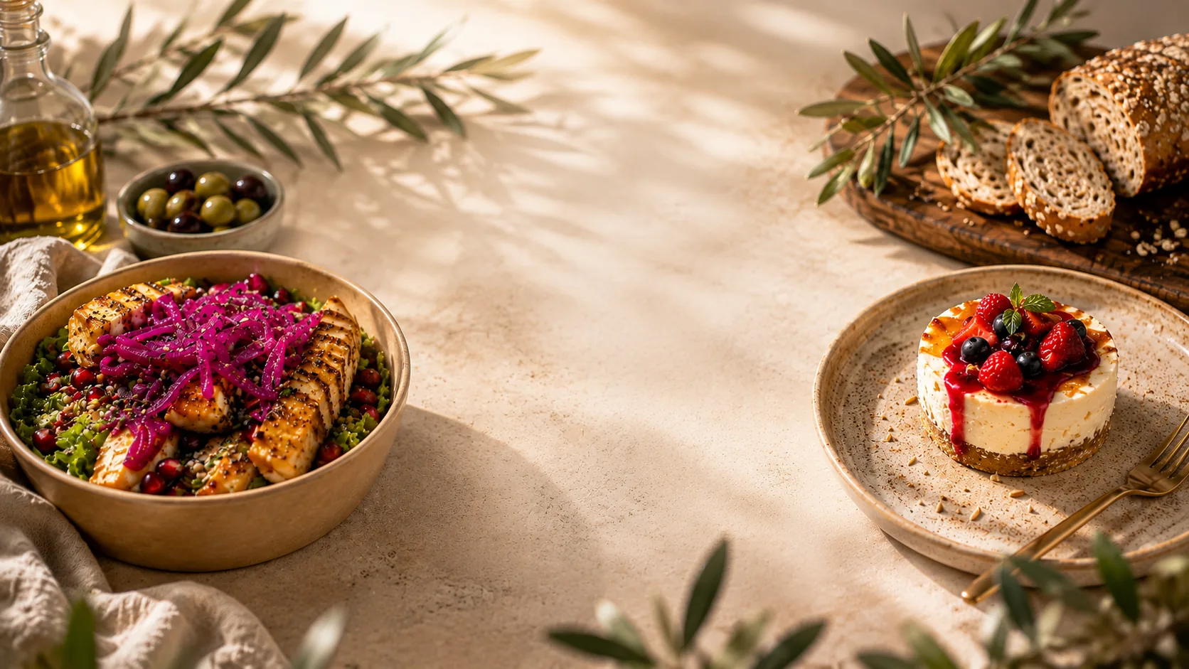 A grilled halloumi salad bowl, a berry cheesecake and sliced seeded bread on a sunlit table
