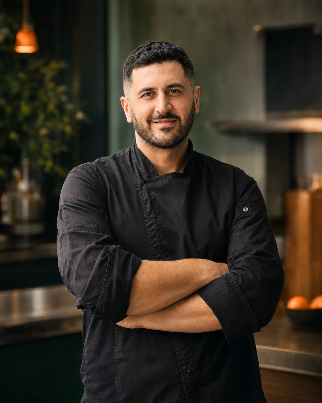 Chef Justin in a black chef’s jacket, arms crossed, smiling in the kitchen